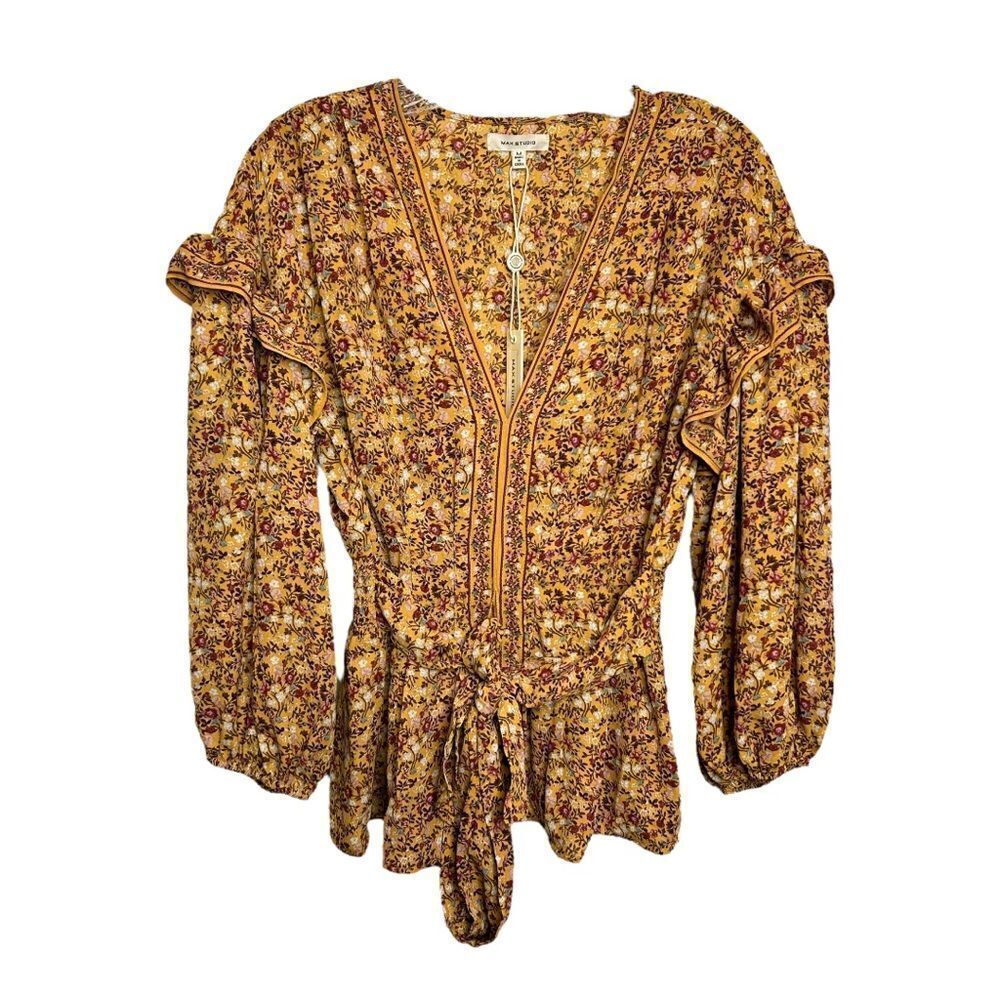 NEW Max Studio Blouse Floral Wrap Top Long Sleeve Ruffled Boho Cinched Women M